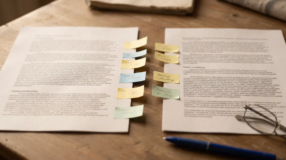 Two printed drafts side by side on a desk with sticky notes marking the paragraphs a reviewer flagged