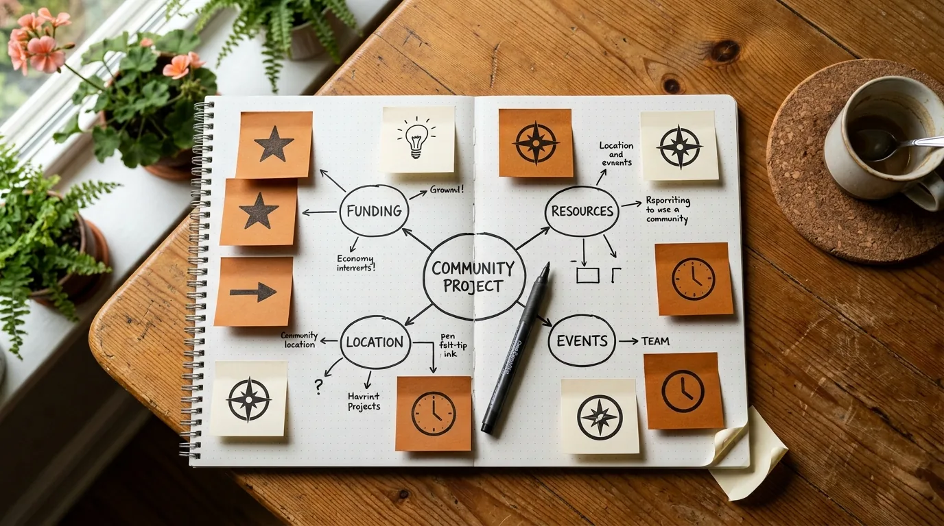 Affiliate marketing niche research: mind-map notebook with sticky notes on a kitchen table