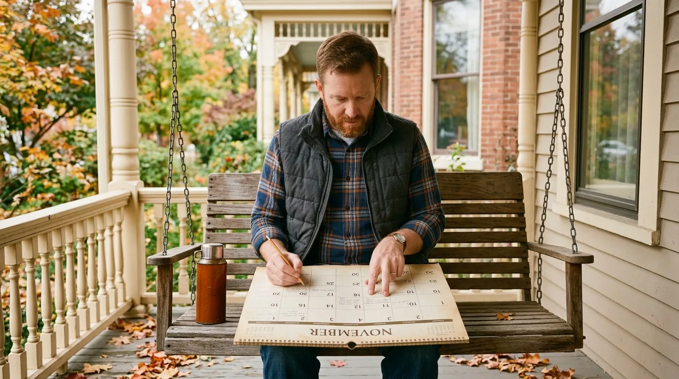 Affiliate marketing 90-day plan: man reviewing a paper calendar on a covered front porch