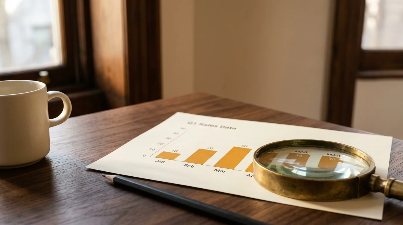 Printed bar chart under a magnifying loupe on a desk, understanding keyword volume and difficulty data