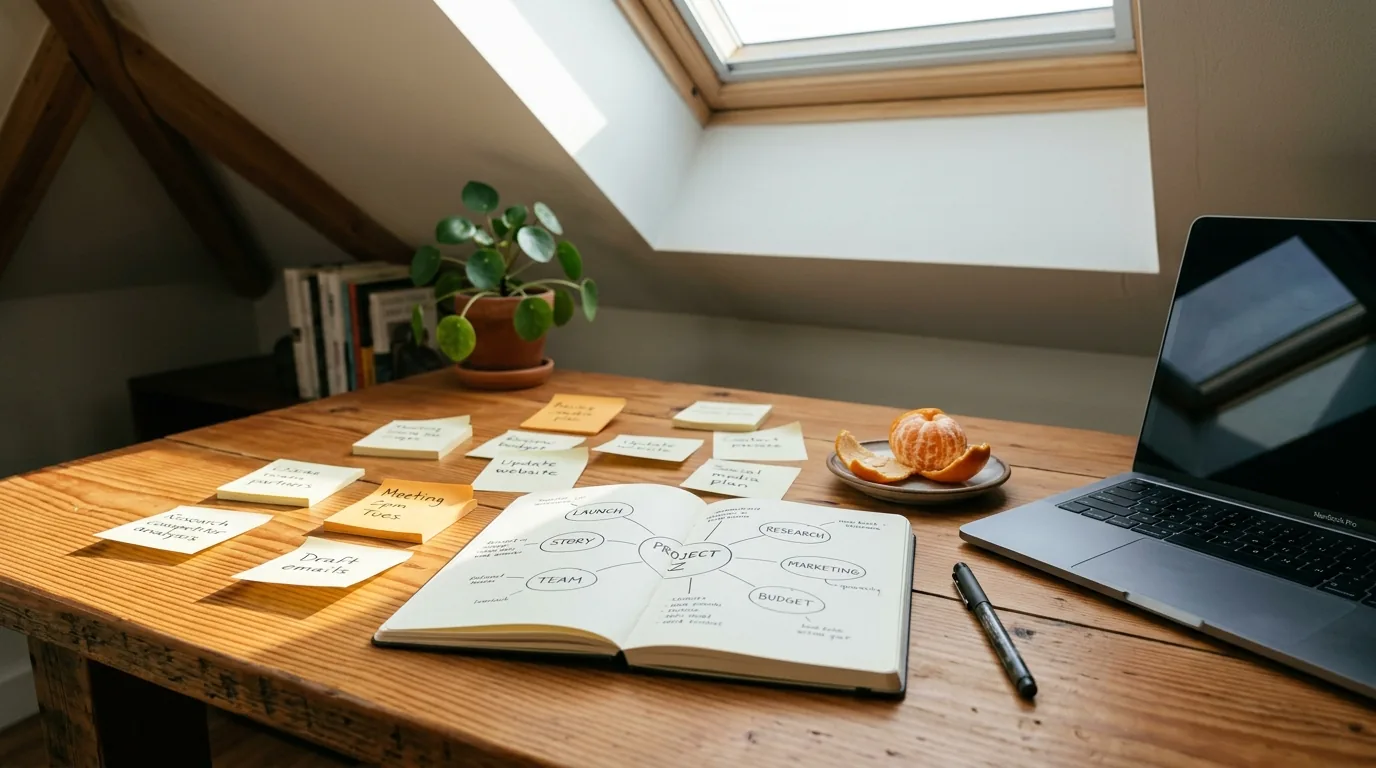 Desk covered in sticky notes and a notebook mind map beside a laptop, keyword research tools at work