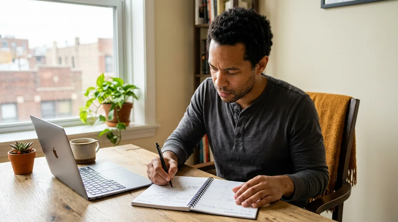 Man reviewing a weekly planner beside his laptop in a home office, a weekly SEO tool routine