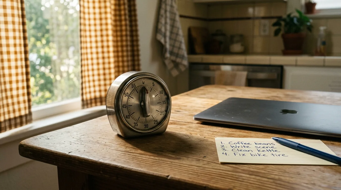 Kitchen timer beside a closed laptop and checklist, a 30-minute weekly routine with free SEO tools