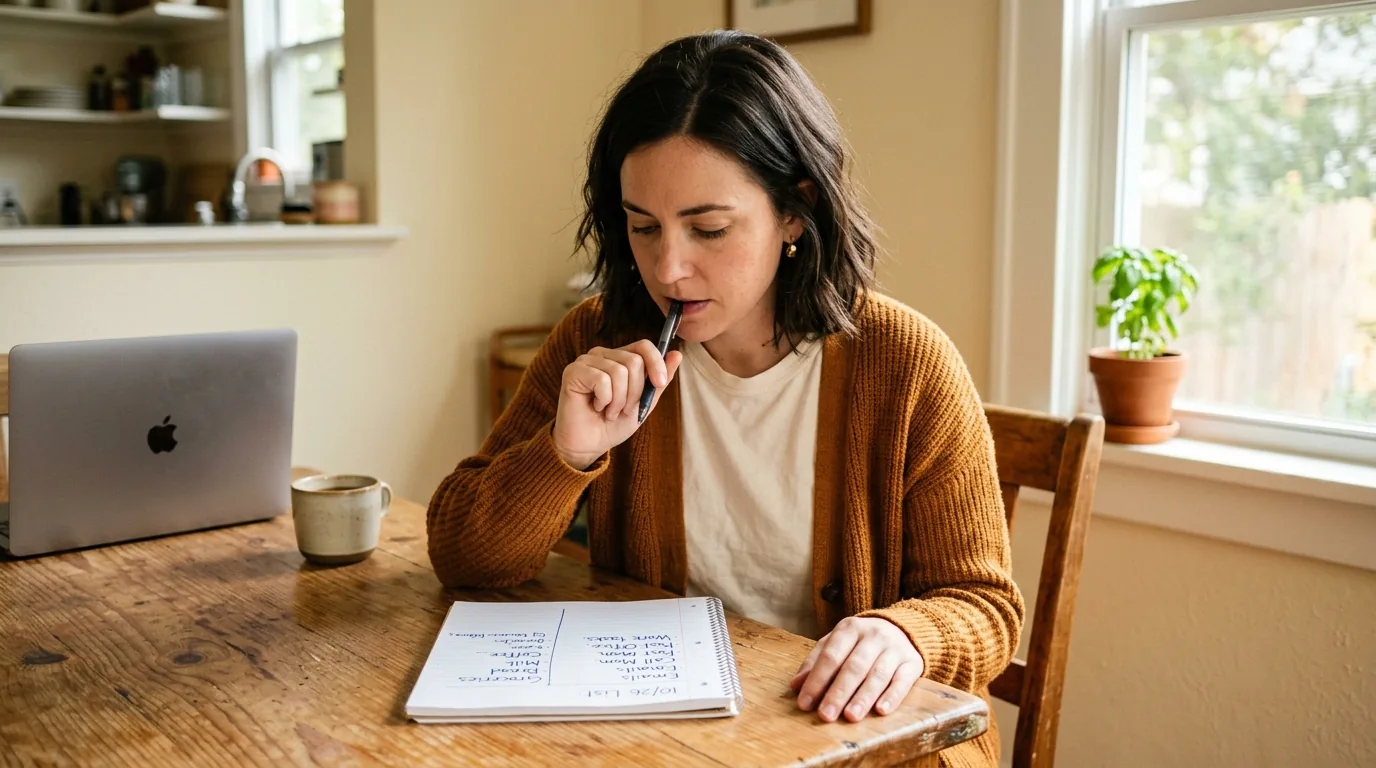 Woman comparing handwritten options in a notebook at a kitchen table, choosing how to make money online