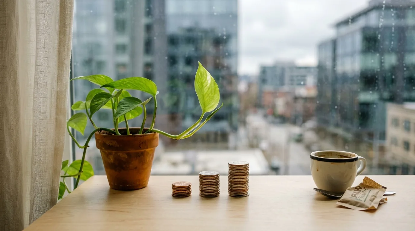 Stacked coins beside a growing houseplant on a window desk, fast money versus income that compounds