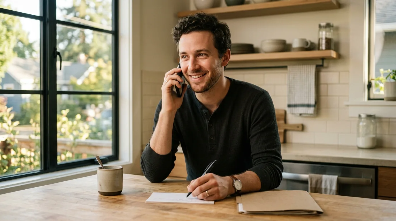 First customer call for a new online business, founder taking notes at a kitchen table