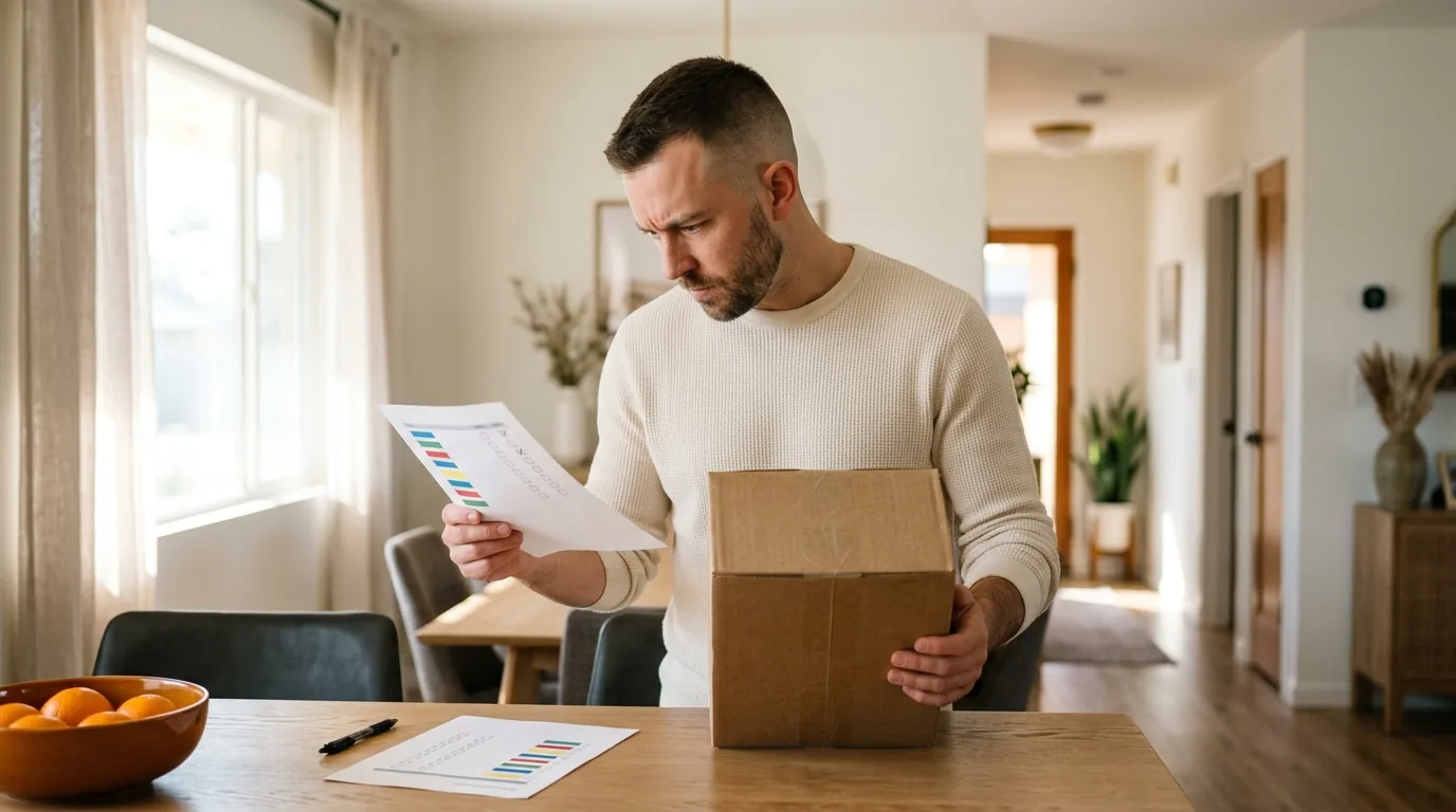 Daily reality of running a dropshipping store: owner checking a plain parcel against a checklist at home