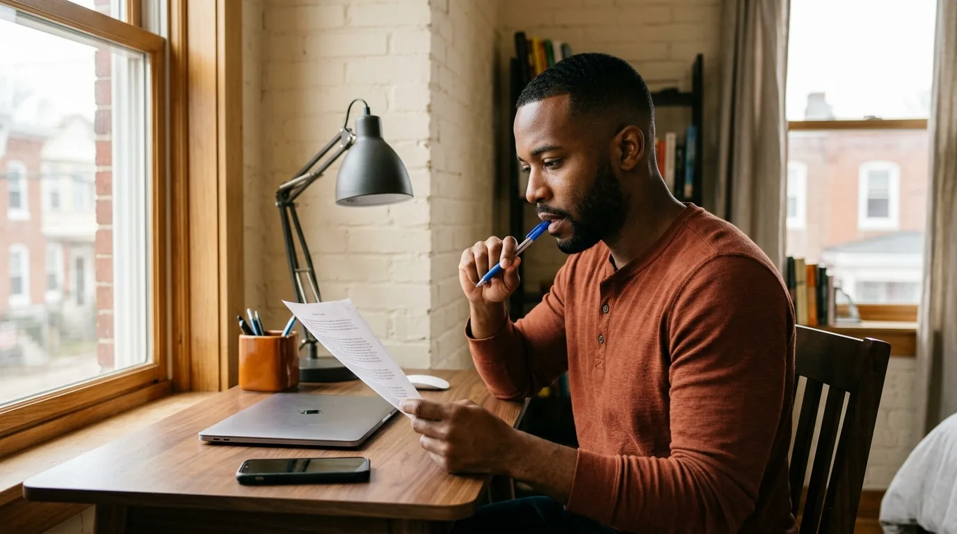 Make money from home freelancing: man reviewing client notes at a bedroom desk