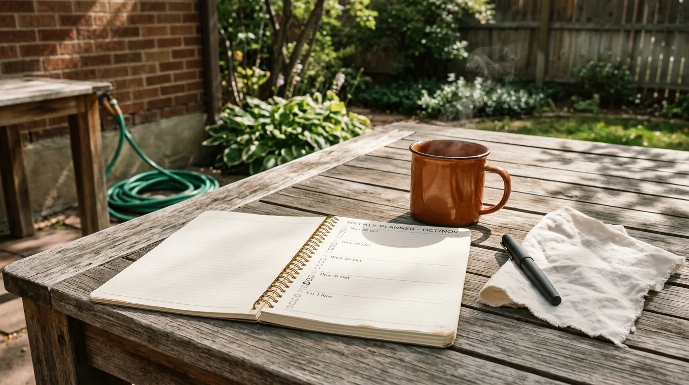 Make money from home starting plan: weekly planner and coffee on a backyard patio table