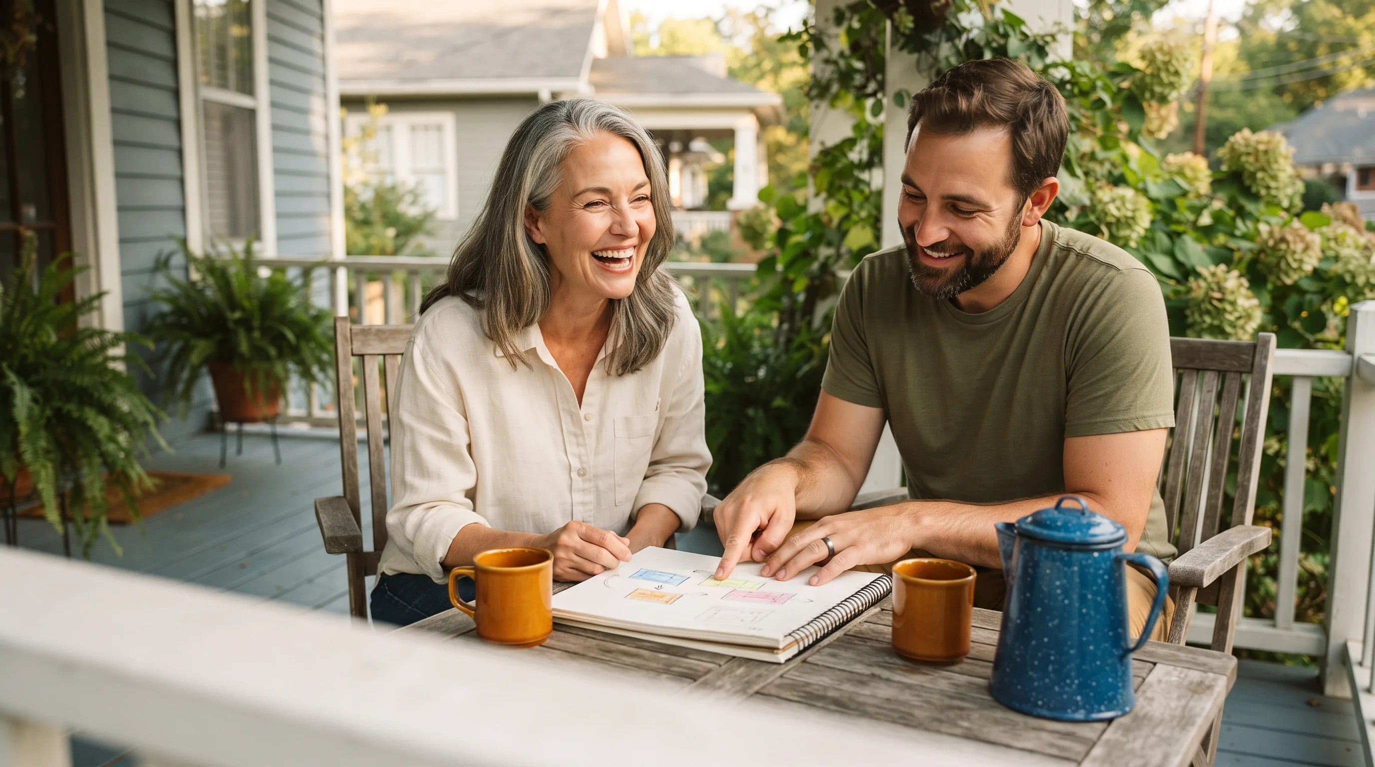 Choosing an online business idea: two friends comparing notes on a porch table over coffee