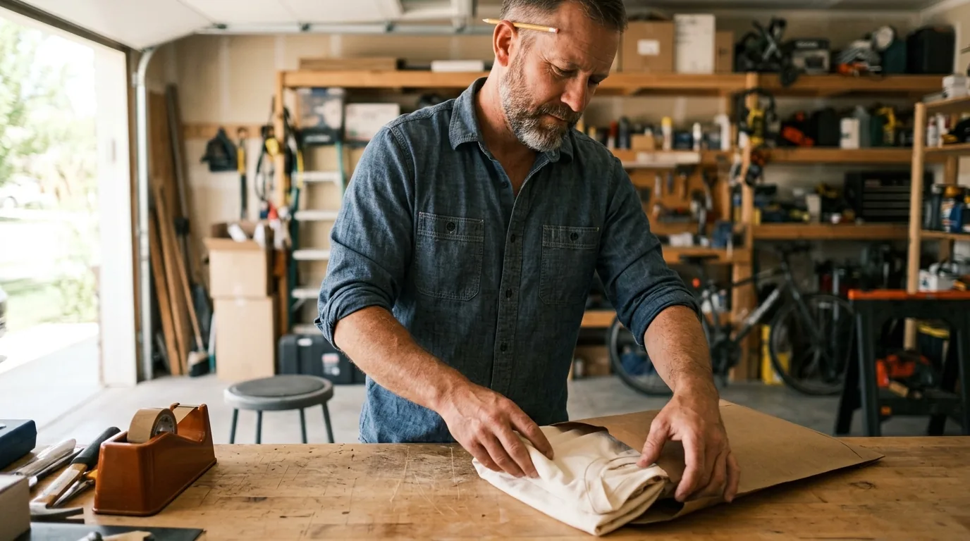 Print on demand order packed at home: hands sliding a folded blank shirt into a kraft mailer