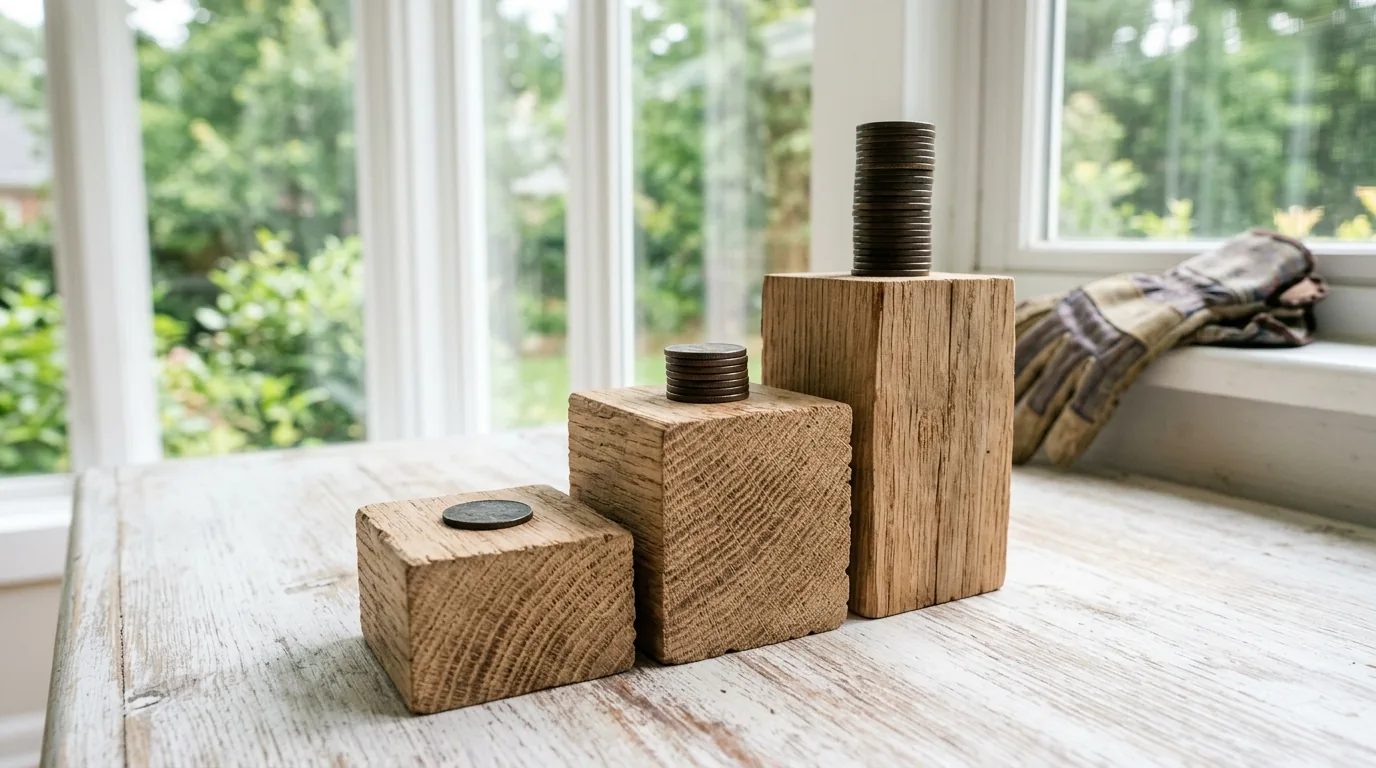 Wooden step blocks ascending beside coins on a desk, the budget ladder for small business SEO software