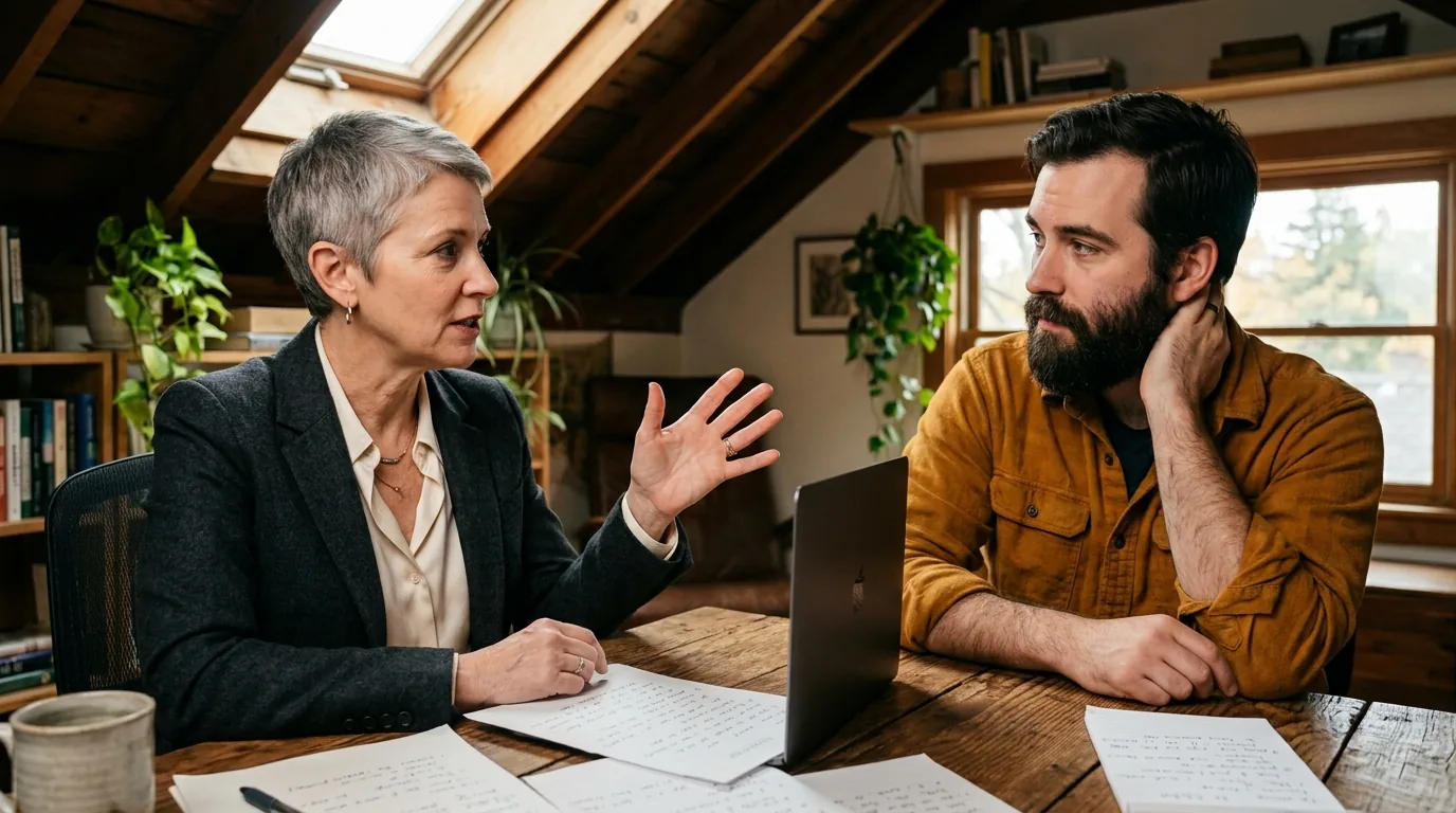 Two people talking over a laptop and notes at a table, deciding whether to DIY SEO or hire help