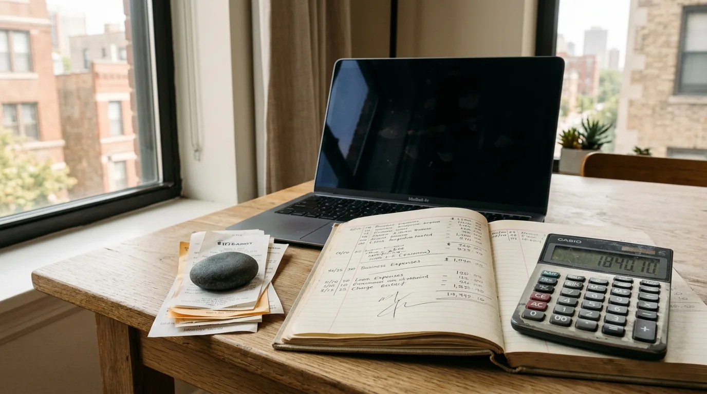 Small business owner's desk with laptop, ledger and receipts, choosing SEO software on a real budget
