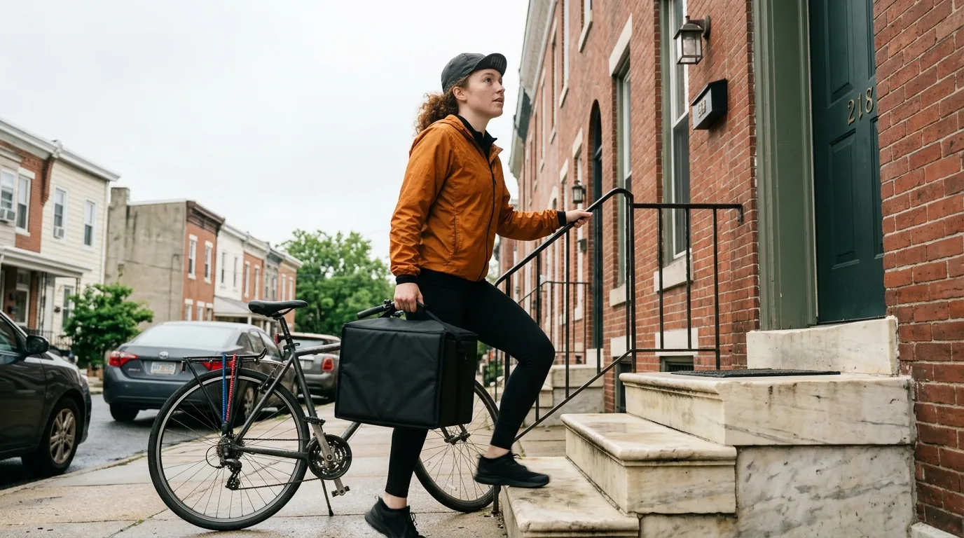 Side hustle gig work: cyclist with insulated delivery bag walking up a rowhouse stoop
