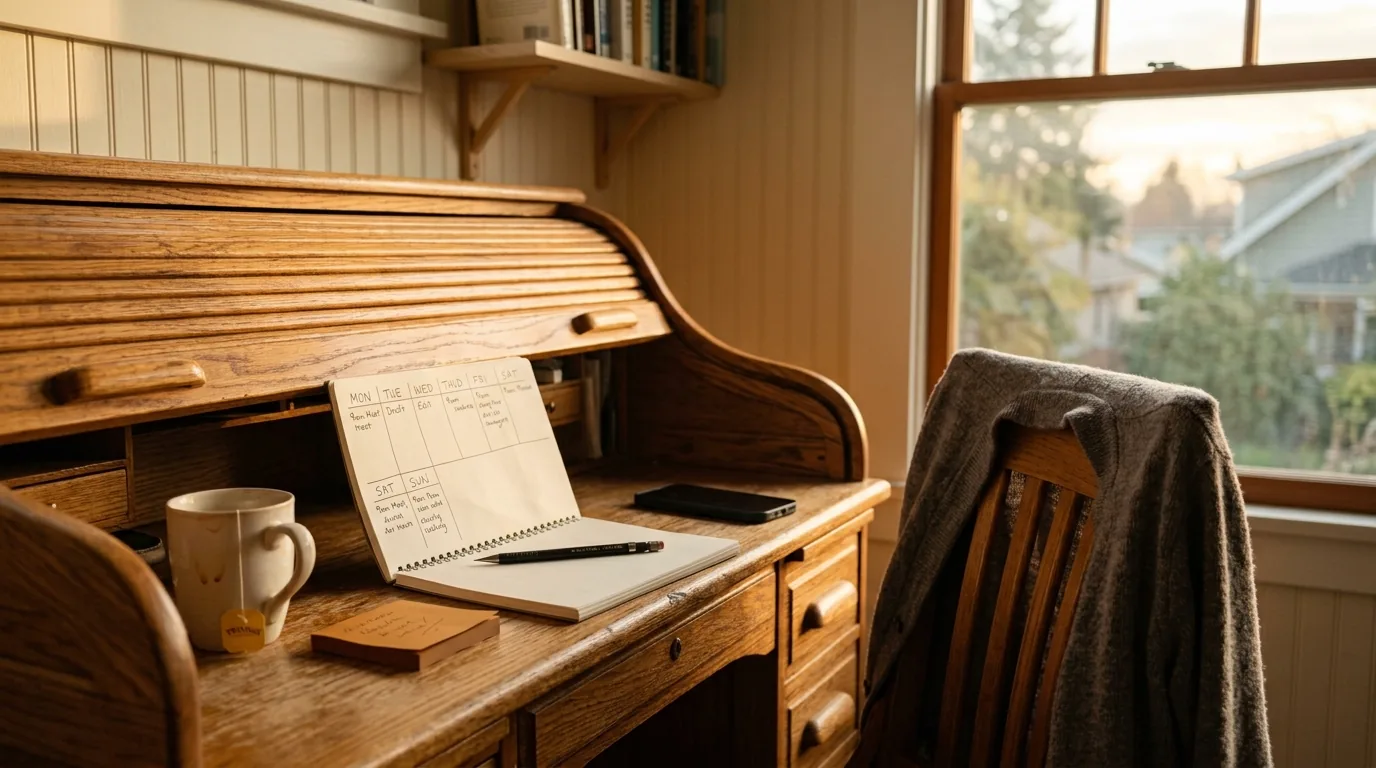 Side hustle weekend start: desk with notebook checklist and sunrise light, chair pulled out