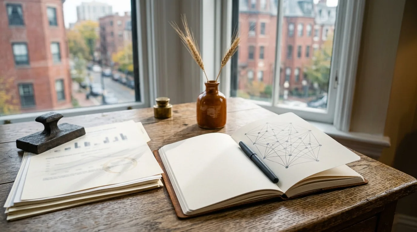 Hand-sketched link graph of dots and lines in a journal beside printed reports