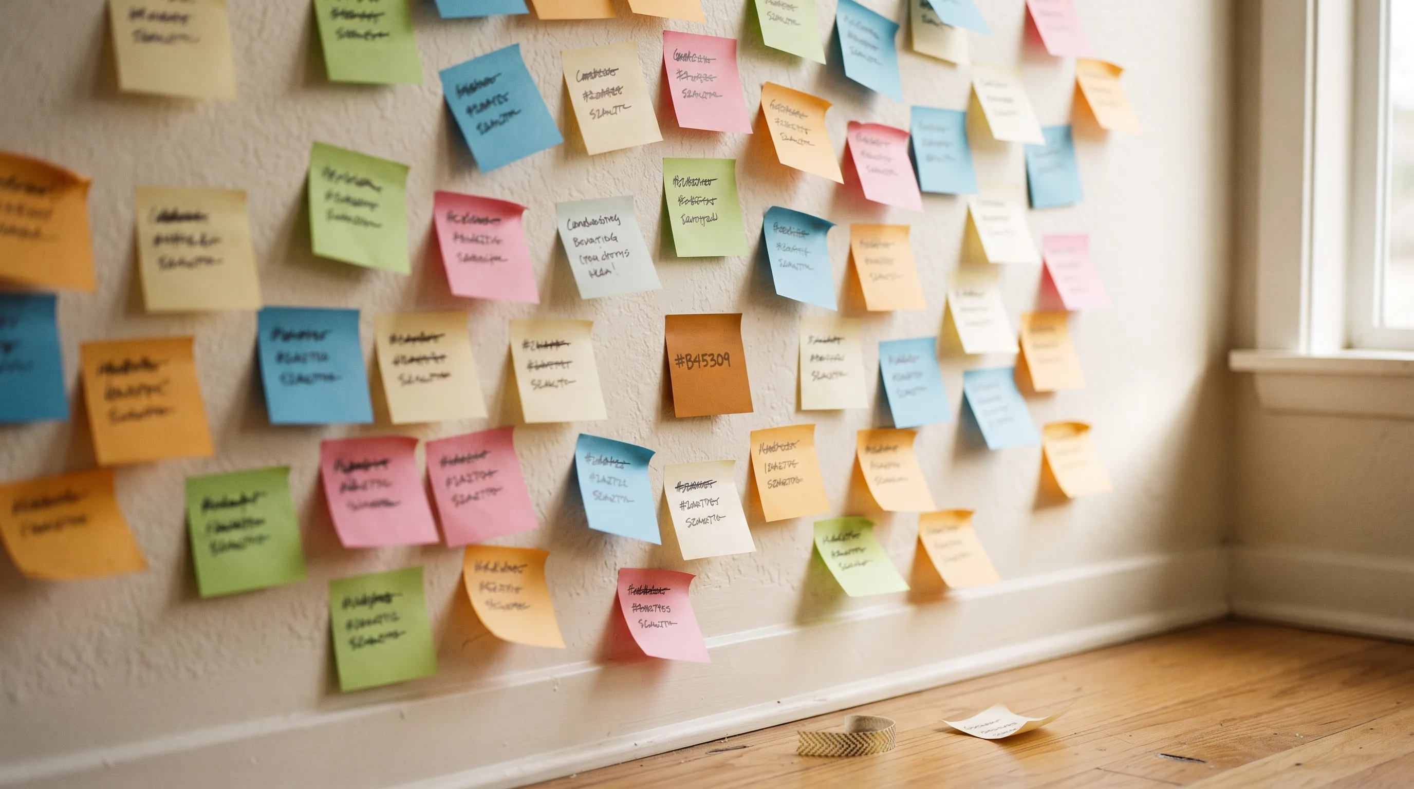 Sticky notes arranged in a radial burst around one amber note on a home-office wall