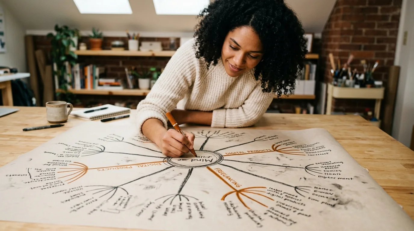 Marketer drawing a radial question mind map on butcher paper spread across a worktable