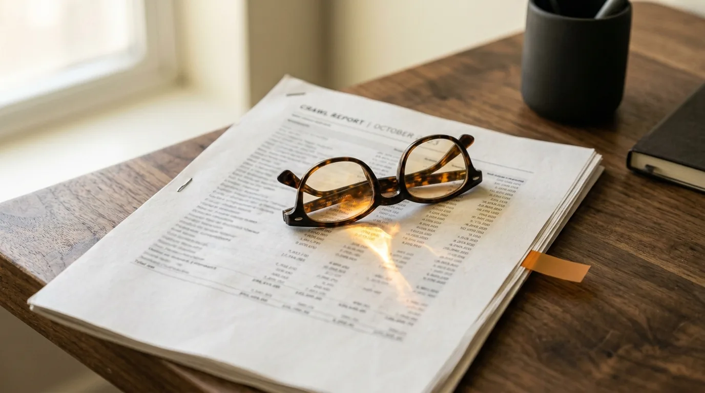Stapled website crawl report with reading glasses and an amber sticky flag