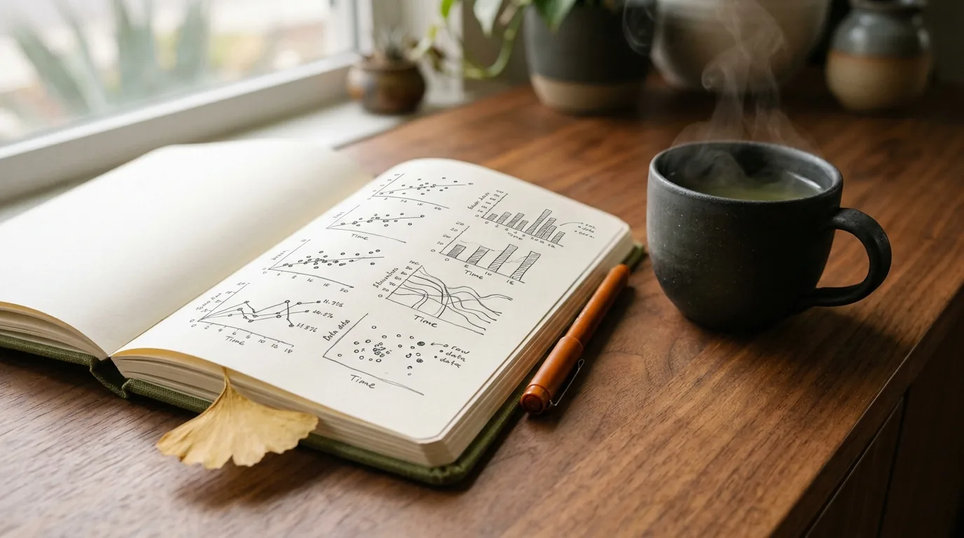 Hand-sketched mini line charts in a data journal with tea, tracking visitor trends the analog way