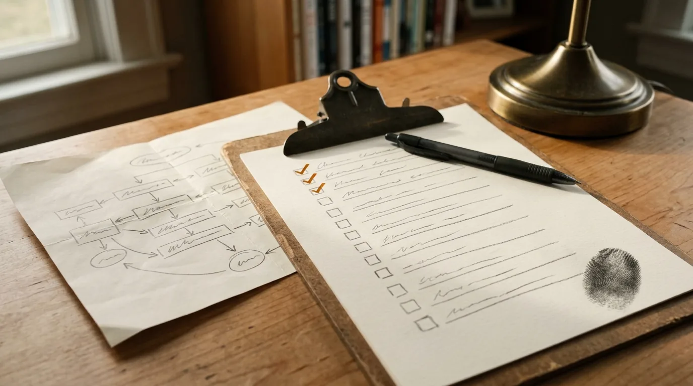 Site health checklist on a clipboard with amber check marks beside a hand-sketched sitemap