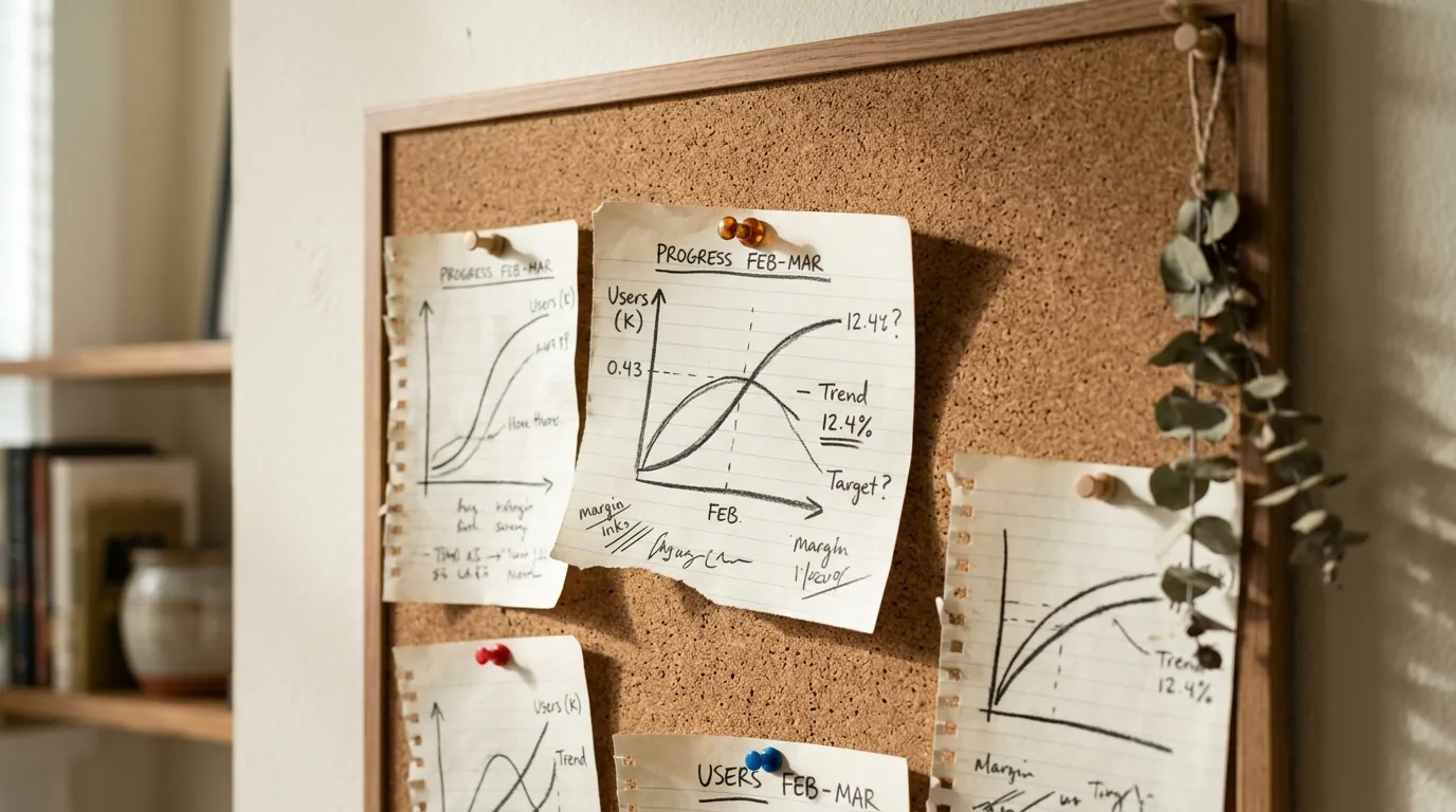 Corkboard pinned with hand-sketched trend curve charts on torn notebook paper