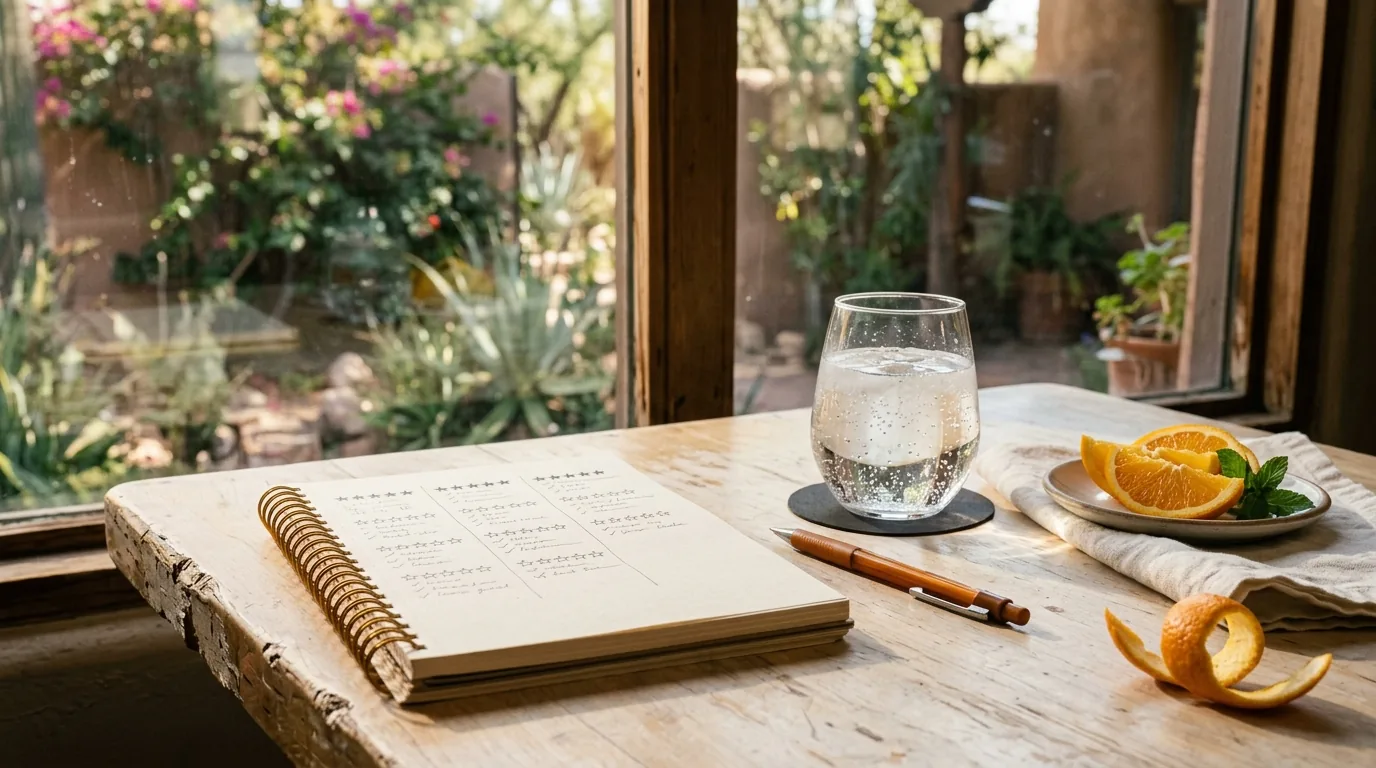 Simple tool shortlist with hand-drawn star ratings in a notepad by a bright courtyard window
