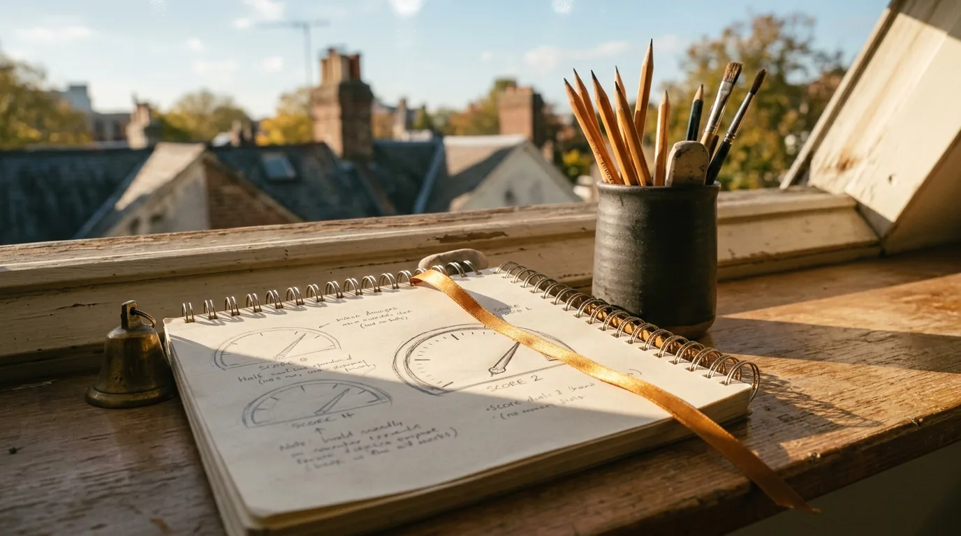 Hand-drawn score gauges in a workbook on a sunny windowsill, sketching how an SEO plugin grades a page