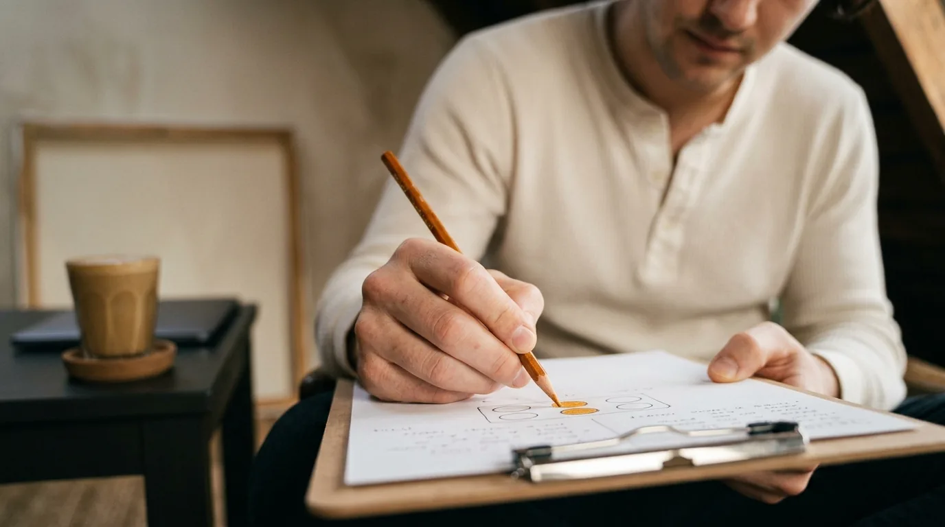 Filling in a traffic-light content checklist on a clipboard in an attic studio, on-page SEO made simple