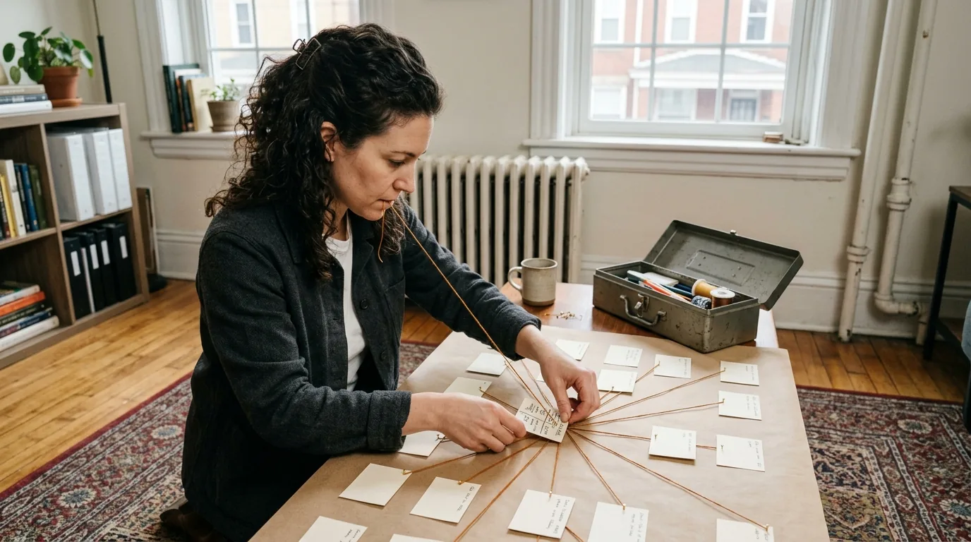 Mapping a website's structure as a paper flowchart with cards and string, an analog site crawl