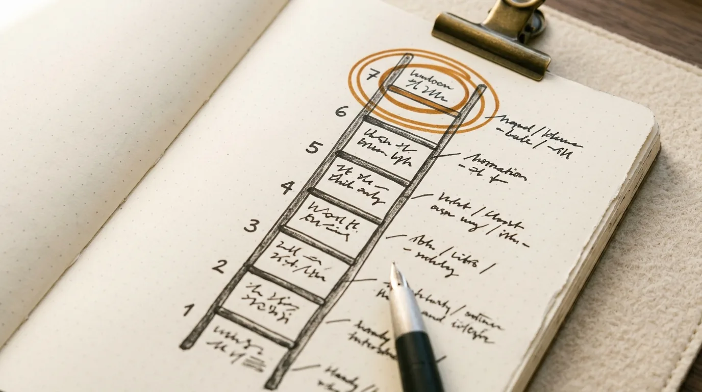 Notebook ladder diagram sketching keyword positions climbing toward a circled top rung