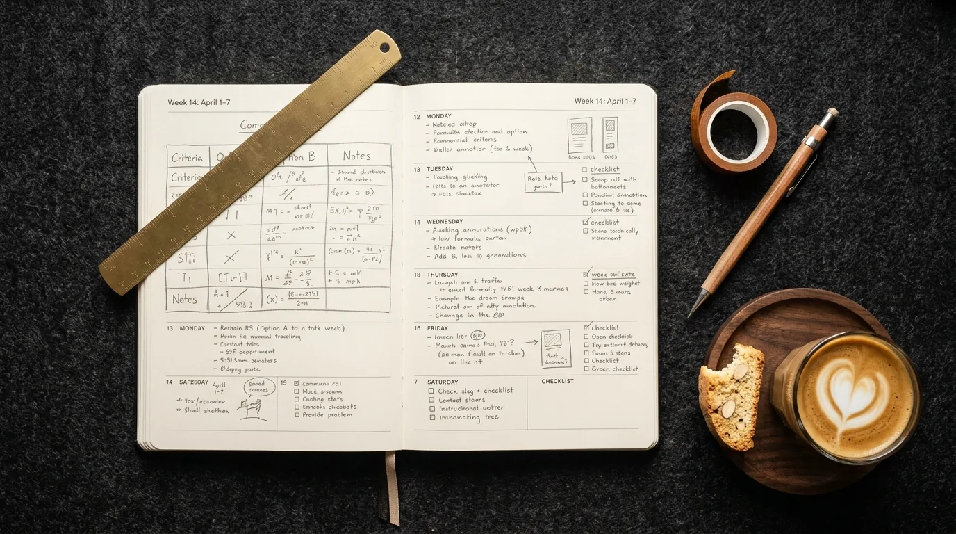 Weekly SEO planning flat lay with planner, sketched comparison table, and coffee under attic skylight