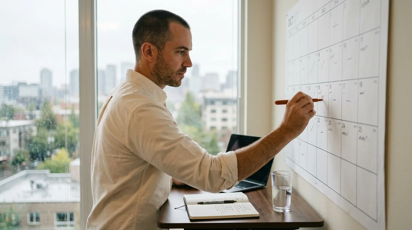 Content calendar planning at a standing desk, mapping a month of SEO tasks on a paper wall grid