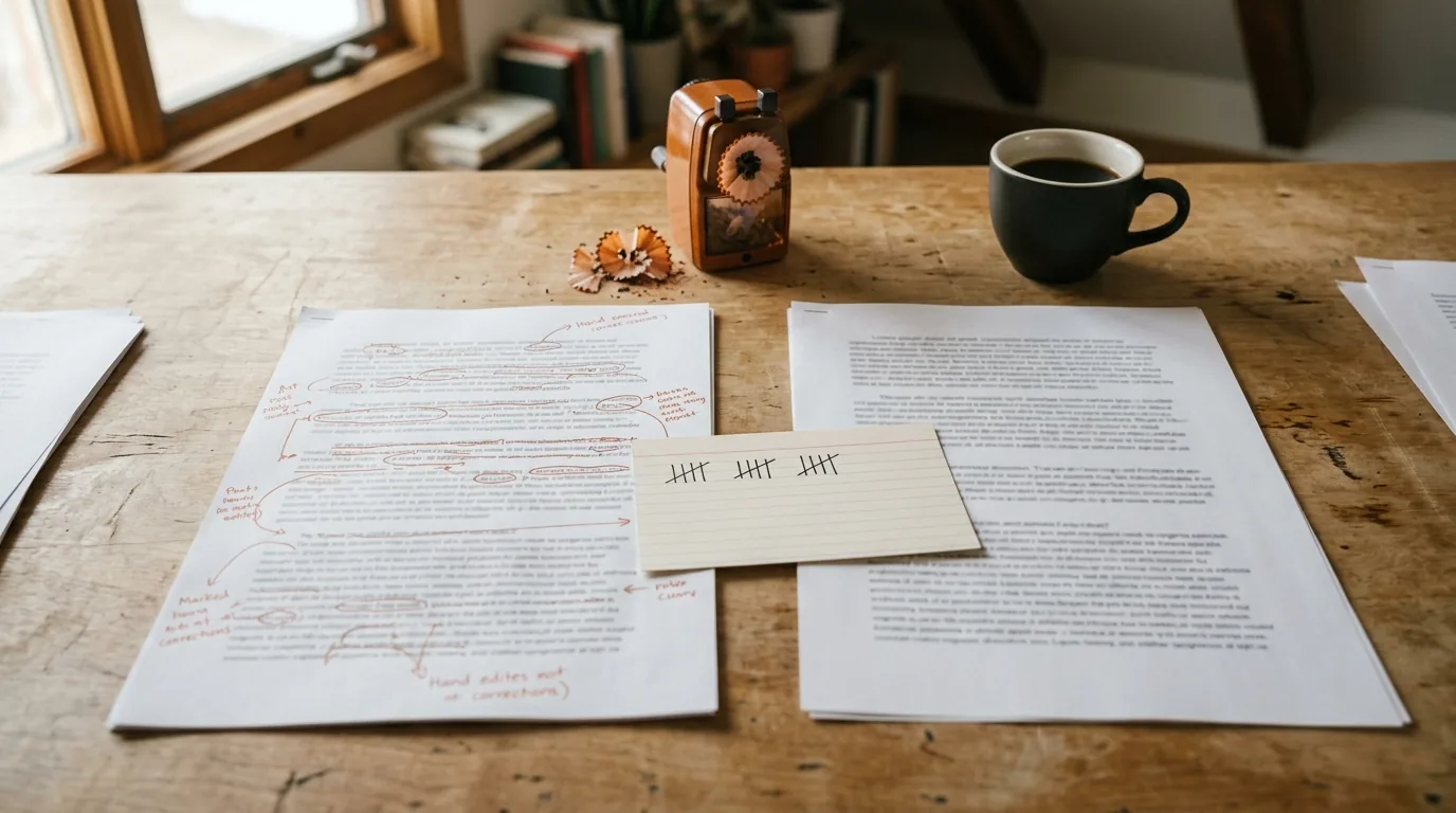 Two content drafts compared side by side, one heavily marked in pencil, revision guided by data