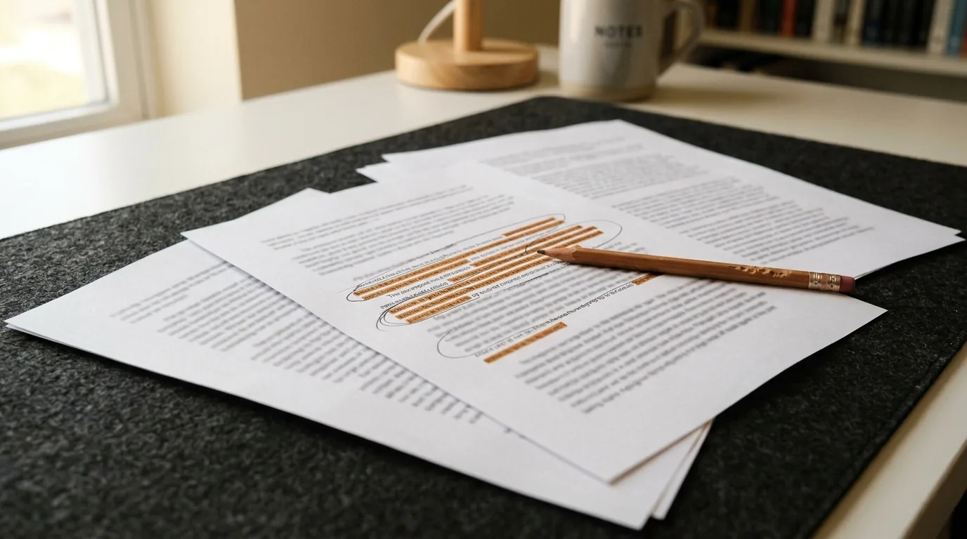 Printed draft pages marked with amber highlighter during a Yoast on-page review session