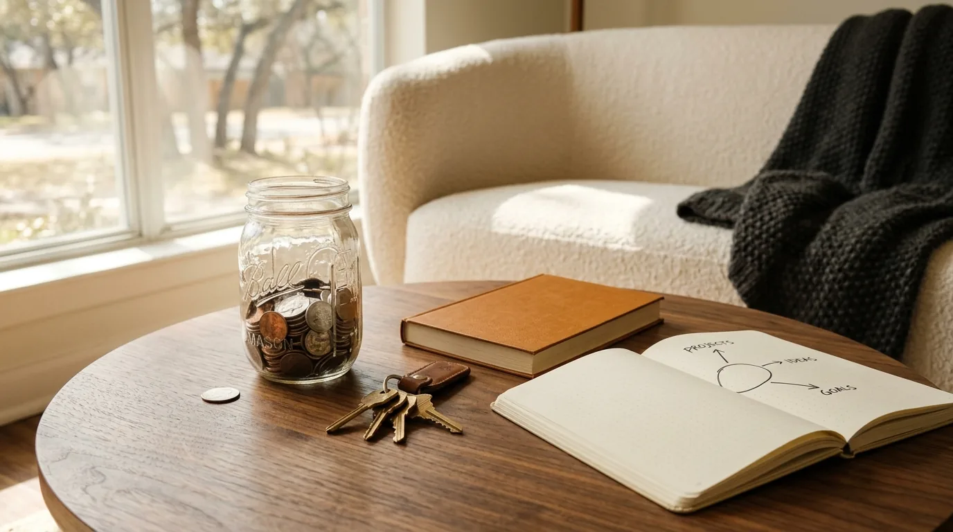 Passive income streams compared: coin jar, house keys, and notebook on a coffee table