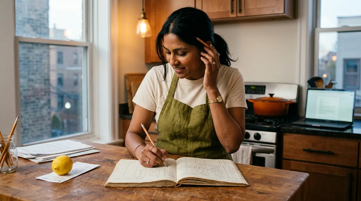 Passive income maintenance: woman updating records at a kitchen island in early evening