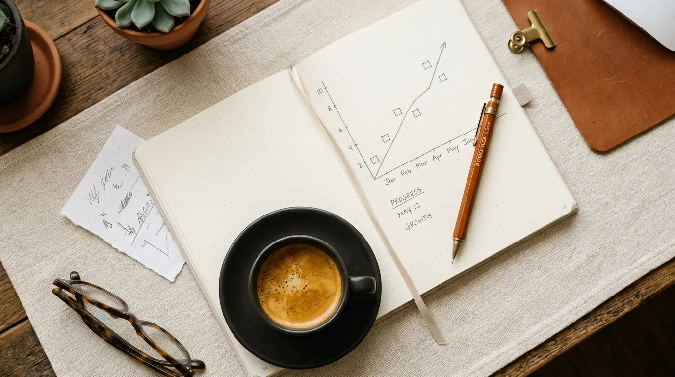 Hand-drawn search traffic growth chart in a notebook beside coffee, illustrating how SEO compounds over time